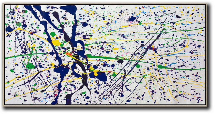 Horizontal Palette Knife Contemporary Art,Acrylic Painting On Canvas,White,Dark Blue,Yellow,Green